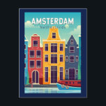 Postal Amsterdam Países Bajos Colorful Houses Retro de vi<br><div class="desc">Diseño de viajes vectoriales retro de Amsterdam en un estilo emblemático. Es conocido por su patrimonio artístico,  su elaborada sistema de canales y sus estrechas casas con fachadas a la vista,  legados de la Edad de Oro del siglo XVII de la ciudad.</div>