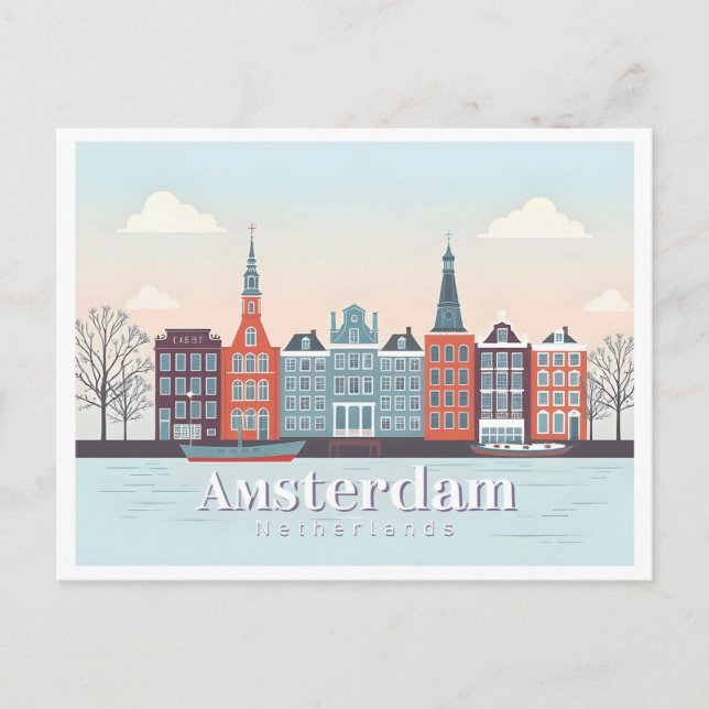 Postal Ámsterdam Países Bajos Damrak Pastel Travel Design (Anverso)