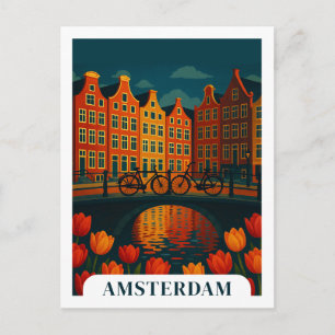 Postal Ámsterdam Países Bajos Noche Viaje Bicicletas