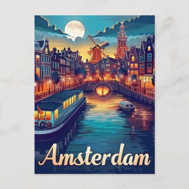 Postal Ámsterdam por noche (Anverso)
