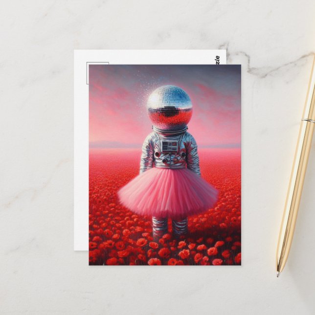 Postal An astronaut in a tutu disco ball head poppies (Anverso/Reverso In Situ)