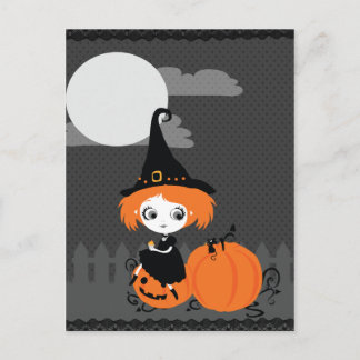 Postal anaranjada de la calabaza de la bruja linda
