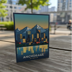 Postal Anchorage Alaska con montañas y agua
