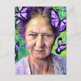 Postal Anciana Con Mariposas Fondo Verde