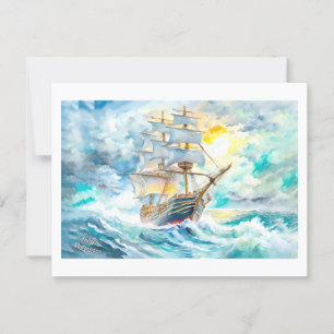 Postal Anciano barco de vela en la tormenta