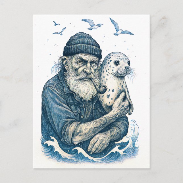 Postal Anciano marinero con foca (Anverso)