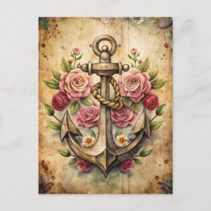 Postal Ancla Rústica Vintage Rosas Océano Náutico