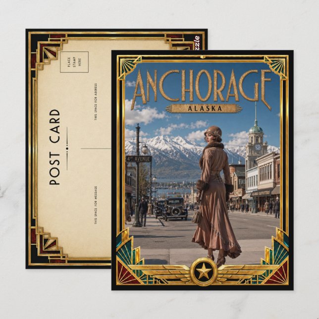 Postal Anclaje Alaska Arte Deco Antiguo Edad de Oro (Anverso / Reverso)