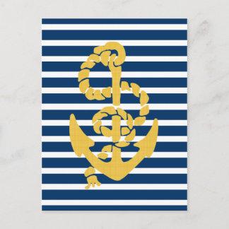 Postal Anclaje Amarillo Fondo De Rayas Azul Y Blanco
