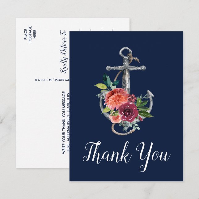 Postal Anclaje floral | Navy Autumn Gracias (Anverso / Reverso)
