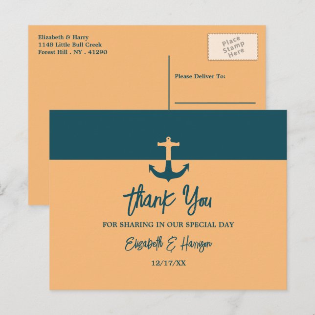 Postal Anclaje náutico - Azul coral - Boda Gracias (Anverso / Reverso)