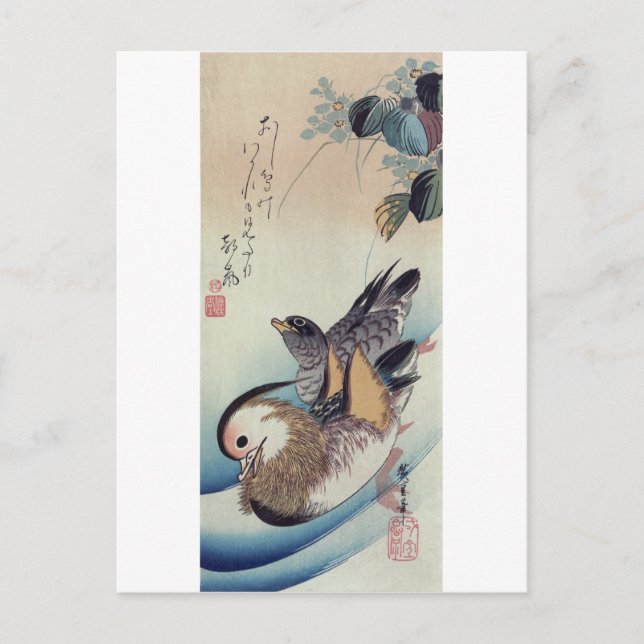 Postal Ando Hiroshige Mandarin Ducks Color Woodcut (Anverso)