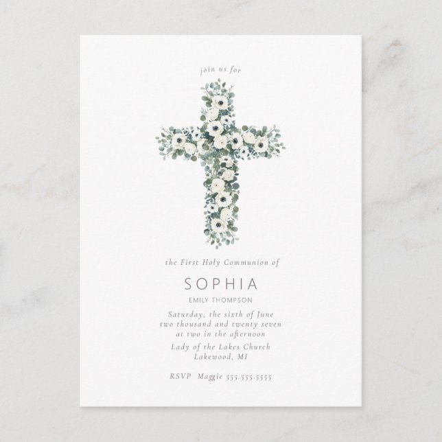 Postal Anemones y eucalipto cruzan la primera comunión sa (Anverso)