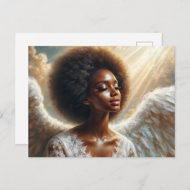 Postal Ángel Afro en Luz - Mujer Étérea Negra (Anverso / Reverso)