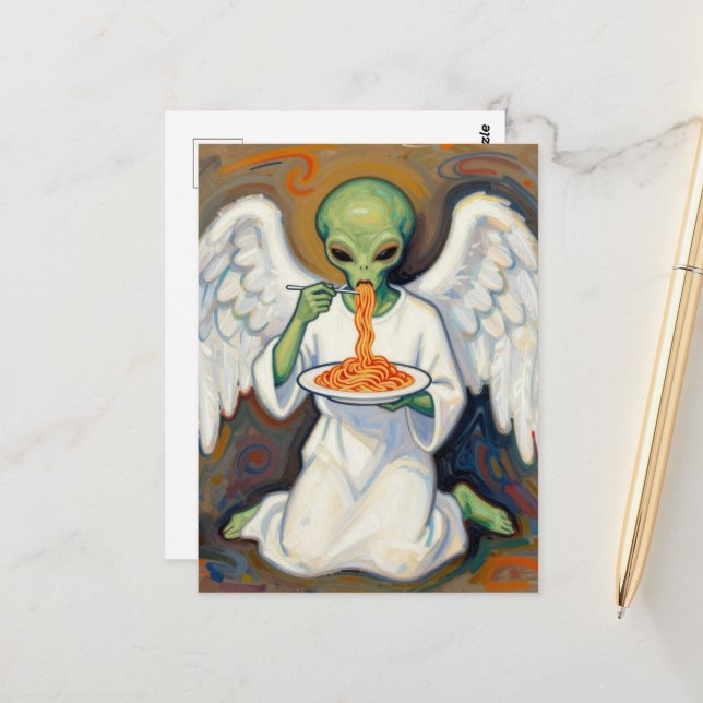 Postal Ángel Alien Comiendo Espaguetis (Anverso/Reverso In Situ)