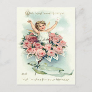 Postal Angel Cherub Bouquet de Rosas