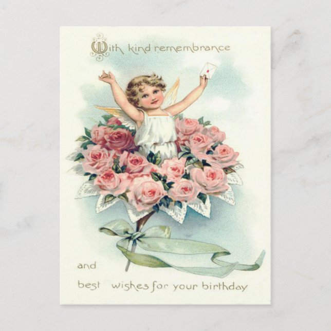 Postal Angel Cherub Bouquet de Rosas (Anverso)