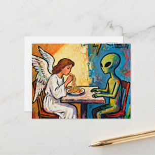 Postal Ángel comiendo espaguetis con un alienígena