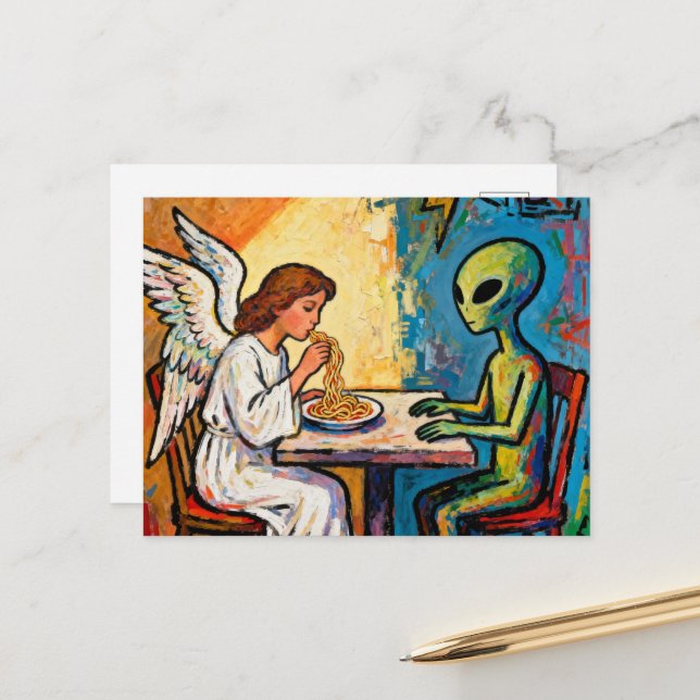 Postal Ángel comiendo espaguetis con un alienígena (Anverso/Reverso In Situ)