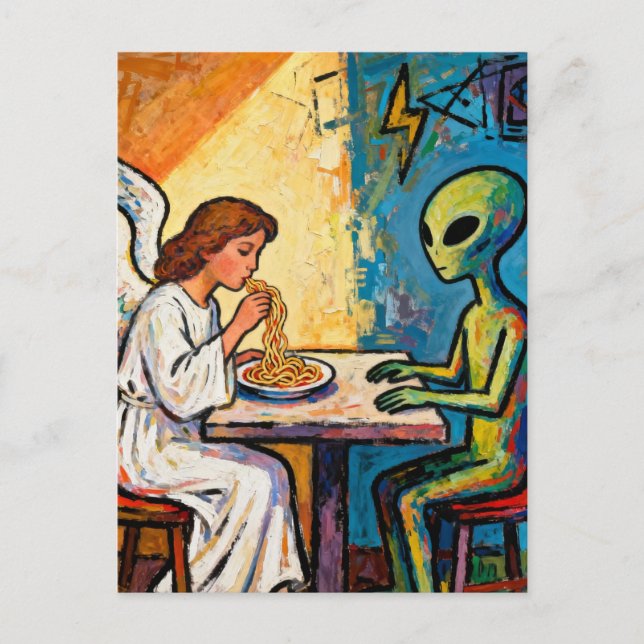 Postal Ángel comiendo espaguetis con un alienígena (Anverso)