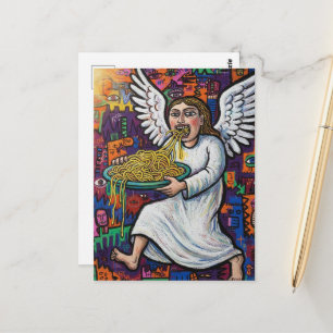 Postal Ángel comiendo espaguetis estilo art brut