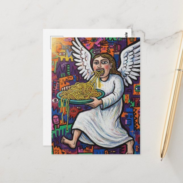 Postal Ángel comiendo espaguetis estilo art brut (Anverso/Reverso In Situ)