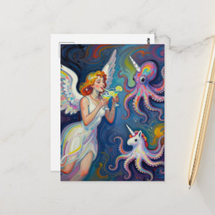 Postal ángel con dos margaritas pulpo unicornio pulpo