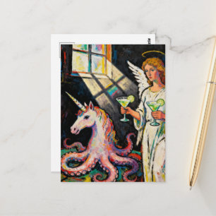 Postal ángel con dos margaritas y un unicornio pulpo