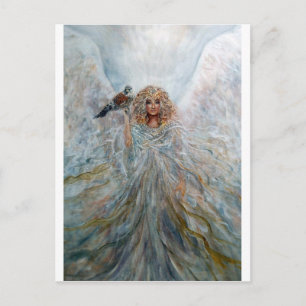 Postal Ángel con halcón para la buena fortuna