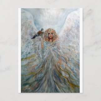 Postal Ángel con halcón para la buena fortuna
