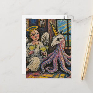 Postal ángel con margaritas y unicornio pulpo fantasía