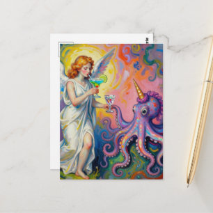 Postal ángel con margaritas y unicornio pulpo fantasía