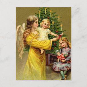 Postal Ángel con niños y árbol