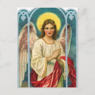 Postal Ángel con tríptico de cinta rosada