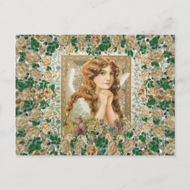 Postal Ángel de cosecha con rosas amarillas (Anverso)