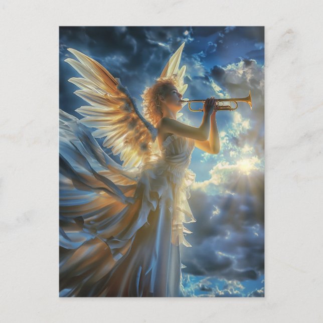 Postal Angel de Fanfarria Celestial Jugando Trumpeta (Anverso)