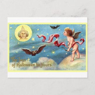 Postal Ángel de Halloween, murciélago, luna
