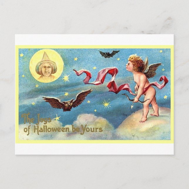 Postal Ángel de Halloween, murciélago, luna (Anverso)