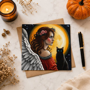 Postal Ángel de Halloween y gato negro