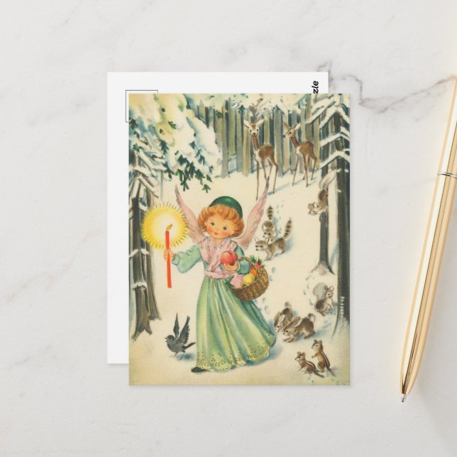 Postal Ángel de Navidad retro festivo (Anverso/Reverso In Situ)
