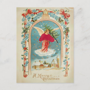 Postal Ángel de Navidad Vintage con Árbol Victoriano