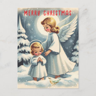 Postal Ángel de Navidad vintage, niño y pájaro