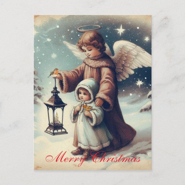 Postal Ángel de Navidad Vintage, Niño y Pájaros (Anverso)