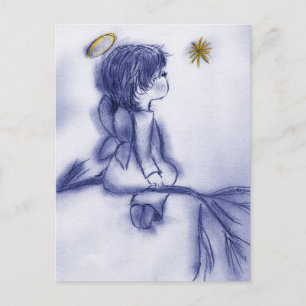 Postal Ángel Deseando Sobre Una Estrella - Tinta Azul