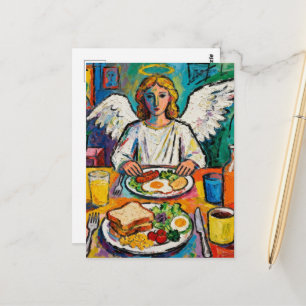 Postal Ángel en el desayuno
