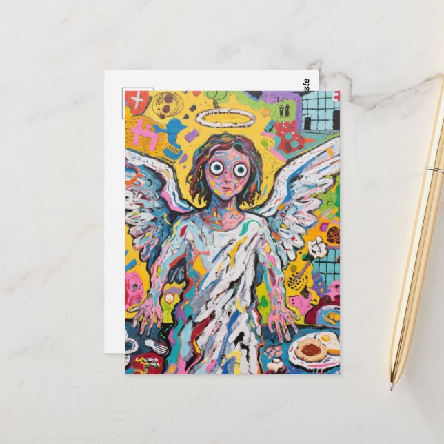 Postal Ángel en el desayuno estilo arte bruto (Anverso/Reverso In Situ)