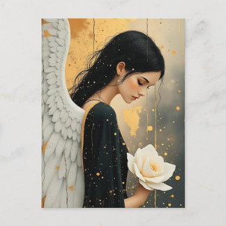 Postal Ángel Gótico Hermoso y Rosa Blanca Celestial