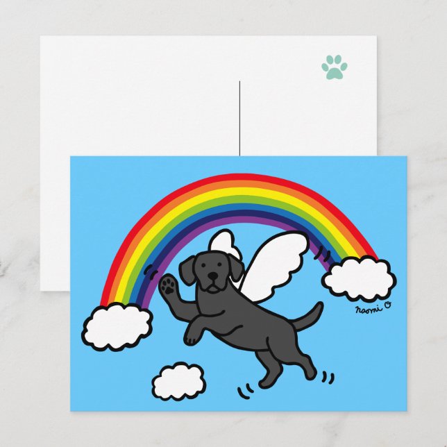 Postal Ángel Guardián del Labrador Negro (puente arcoiris (Anverso / Reverso)