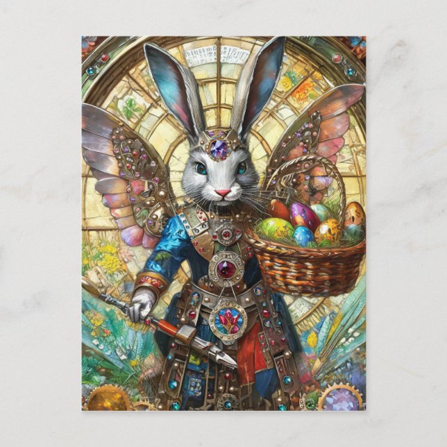 Postal Ángel guerrero conejo de Pascua steampunk (Anverso)