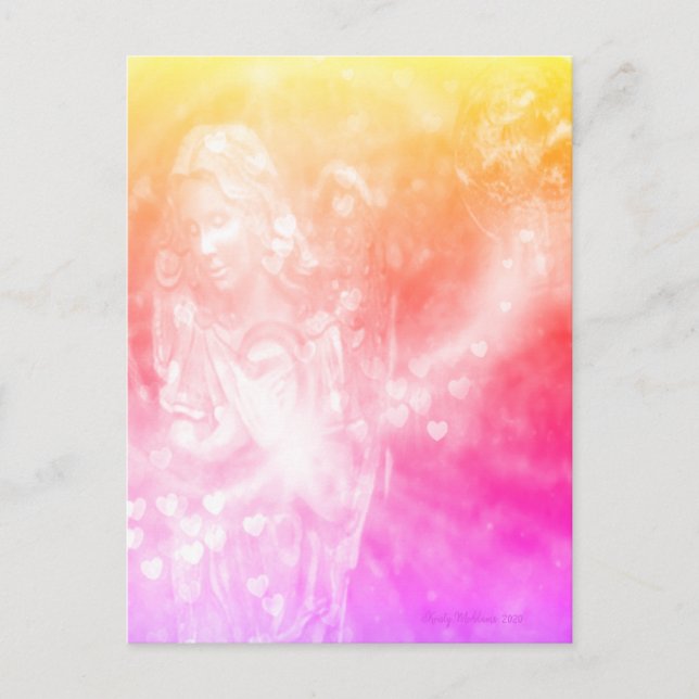 Postal Ángel Hearts Rezando Arte De Colores De Agua Rosa (Anverso)